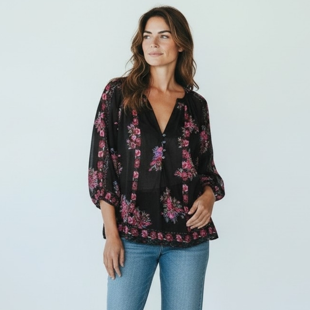Joie Gloria Silk Peasant Blouse Black Pink V Neck XS